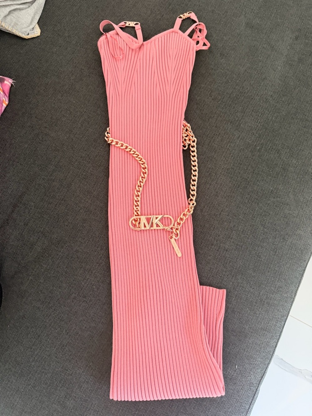 Michael Kors Pink Ribbed Knit Tank Dress with Rose Gold Chain - Picture 3 of 3